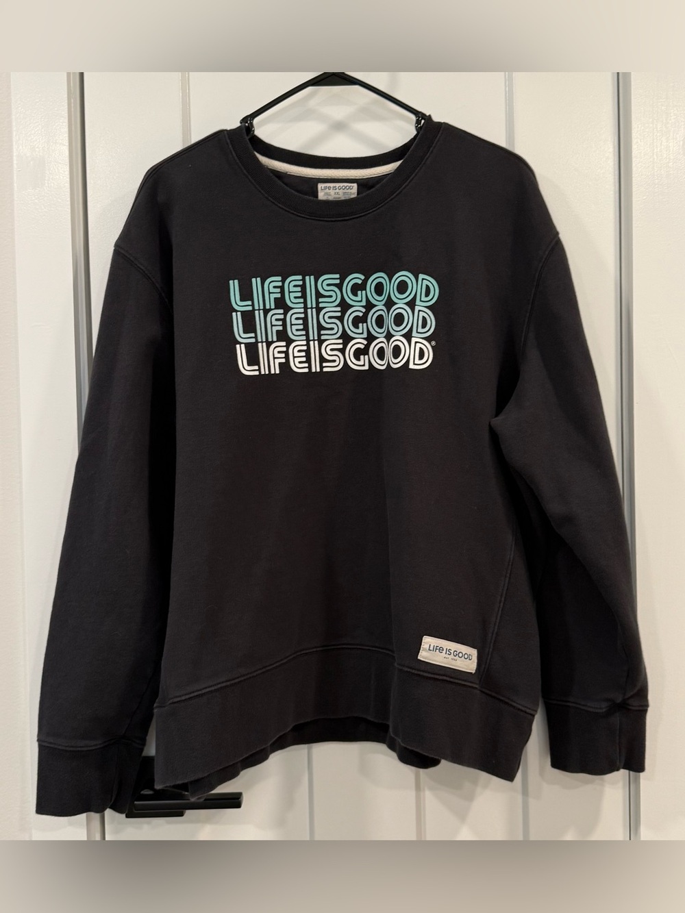 Life Is Good Black Crewneck Sweatshirt with Teal & White Graphic